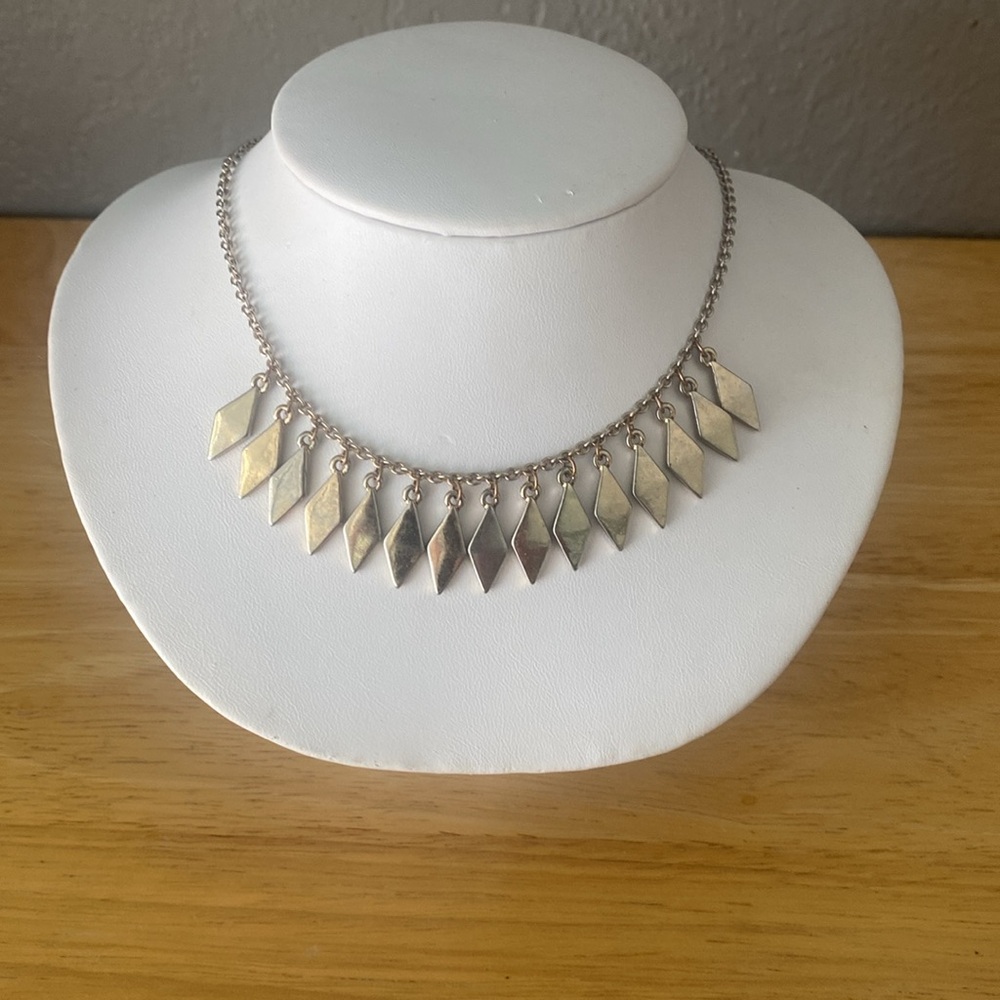 Dainty fringe silver tone banner necklace